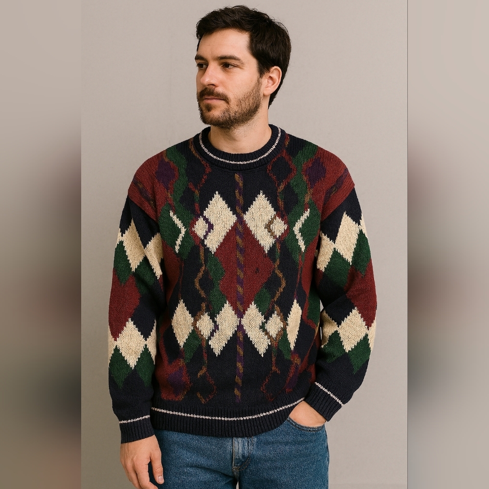 Vintage Van Heusen Argyle Cotton Ramie Heavy Weight Crew Neck Sweater Size XLT